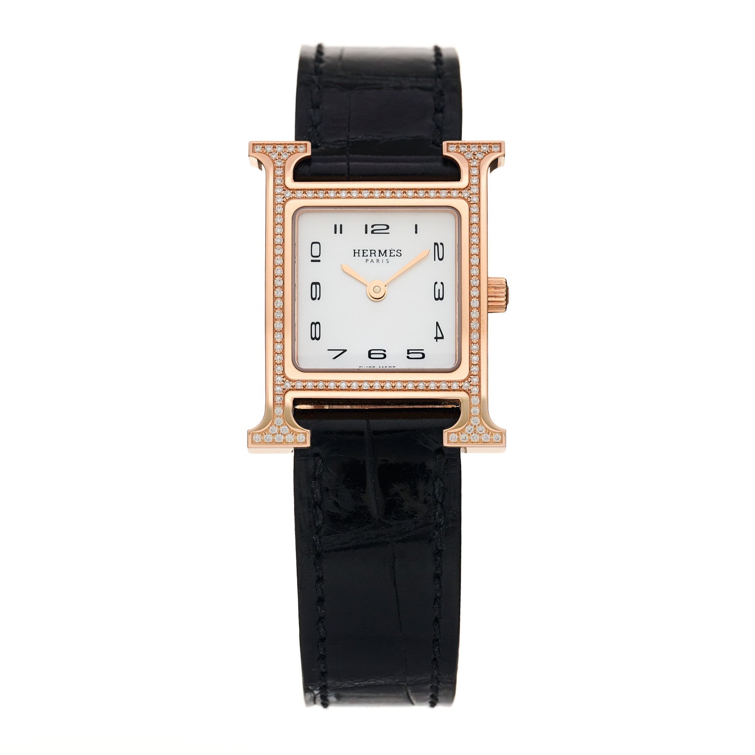 Hermes 18K Rose Gold Alligator Diamond Bezel Mother of Pearl 21mm Heure H Hour Quartz Watch Noir 1 of 5