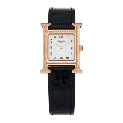 Hermes 18K Rose Gold Alligator Diamond Bezel Mother of Pearl 21mm Heure H Hour Quartz Watch Noir 1 of 5
