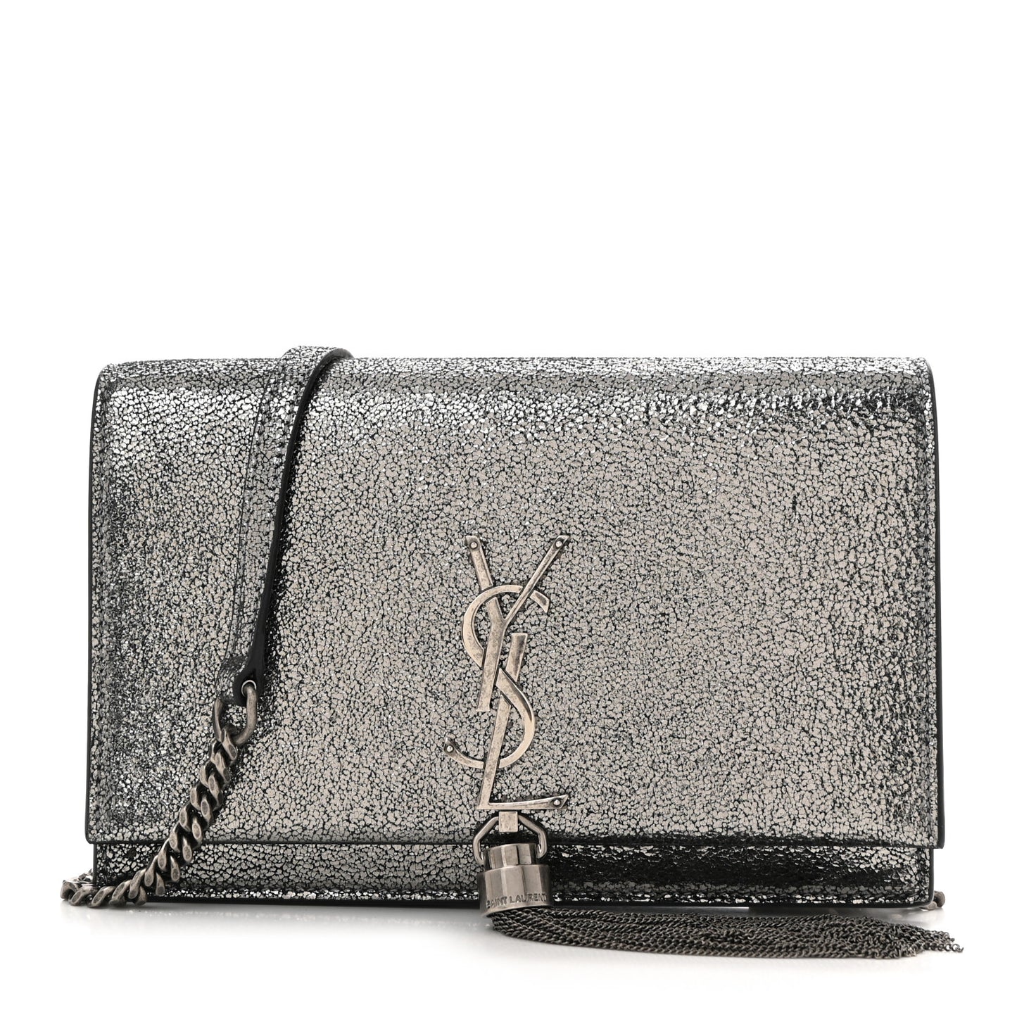 Metallic Calfskin Classic Monogram Kate Tassel Chain Wallet Gun Metal