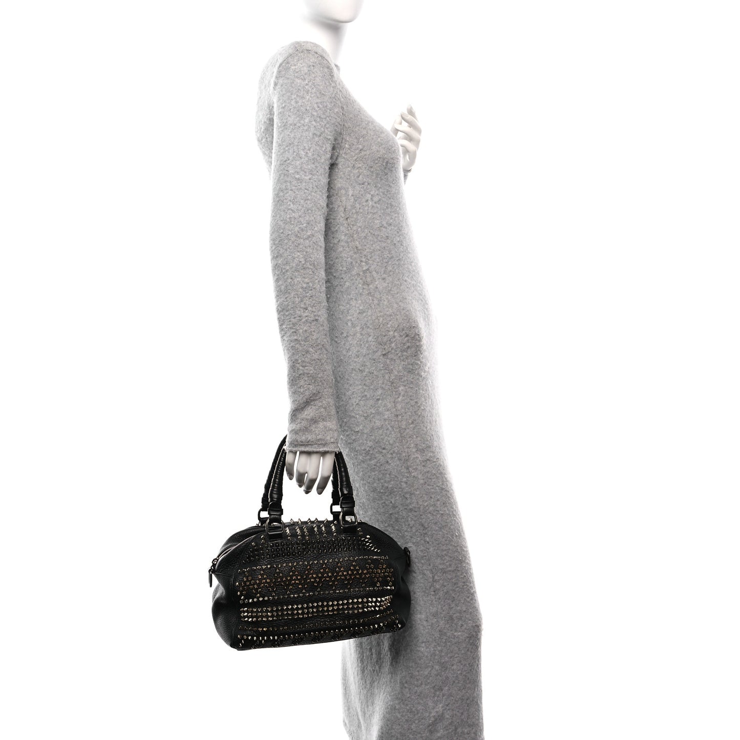 Calfskin Mix Chevron Spikes Small Panettone Bowling Bag Black