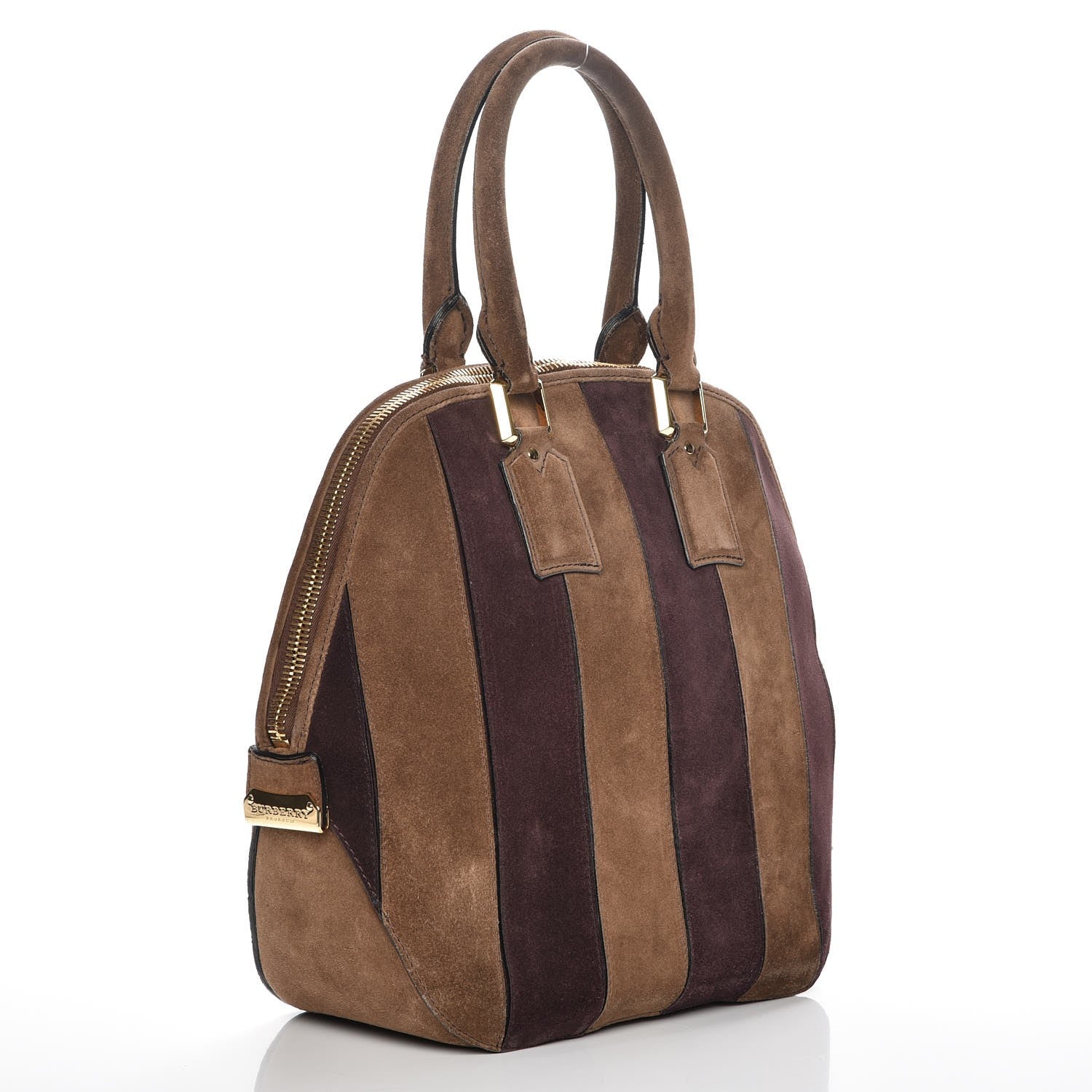 Burberry Suede Striped Medium Orchard Bowling Bag Fawn Brown Plum 3 of 8