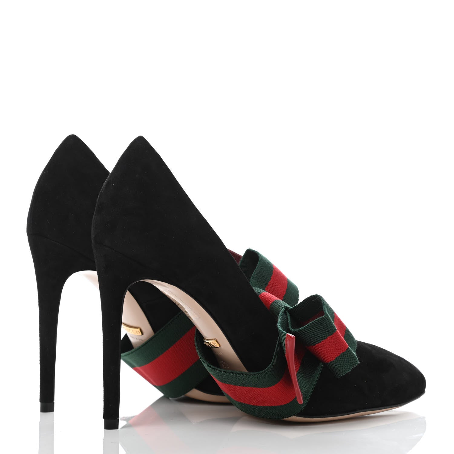 Gucci Kid Scamosciato Removable Web Bow High Heel Pumps 37.5 Black 3 of 4