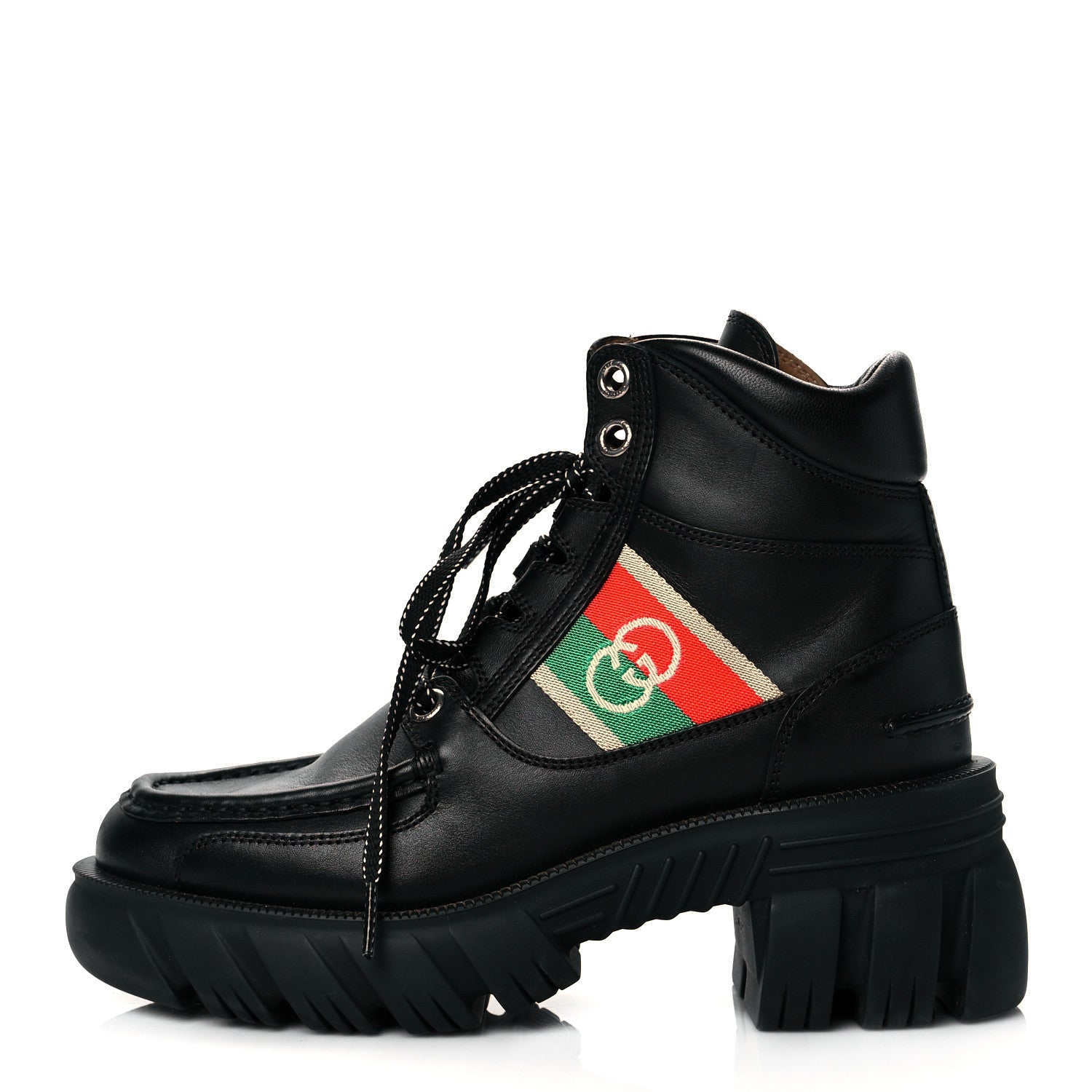 Gucci Quebec Calfskin Web Womens Interlocking G Lace Up Combat Boots 37.5 Black Mystic White Green Red 1 of 9