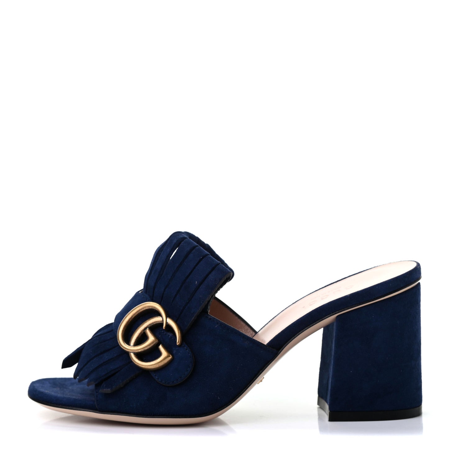 Kid Scamosciato GG Marmont Fringe 75mm Slide Sandals 36 Blue Ink