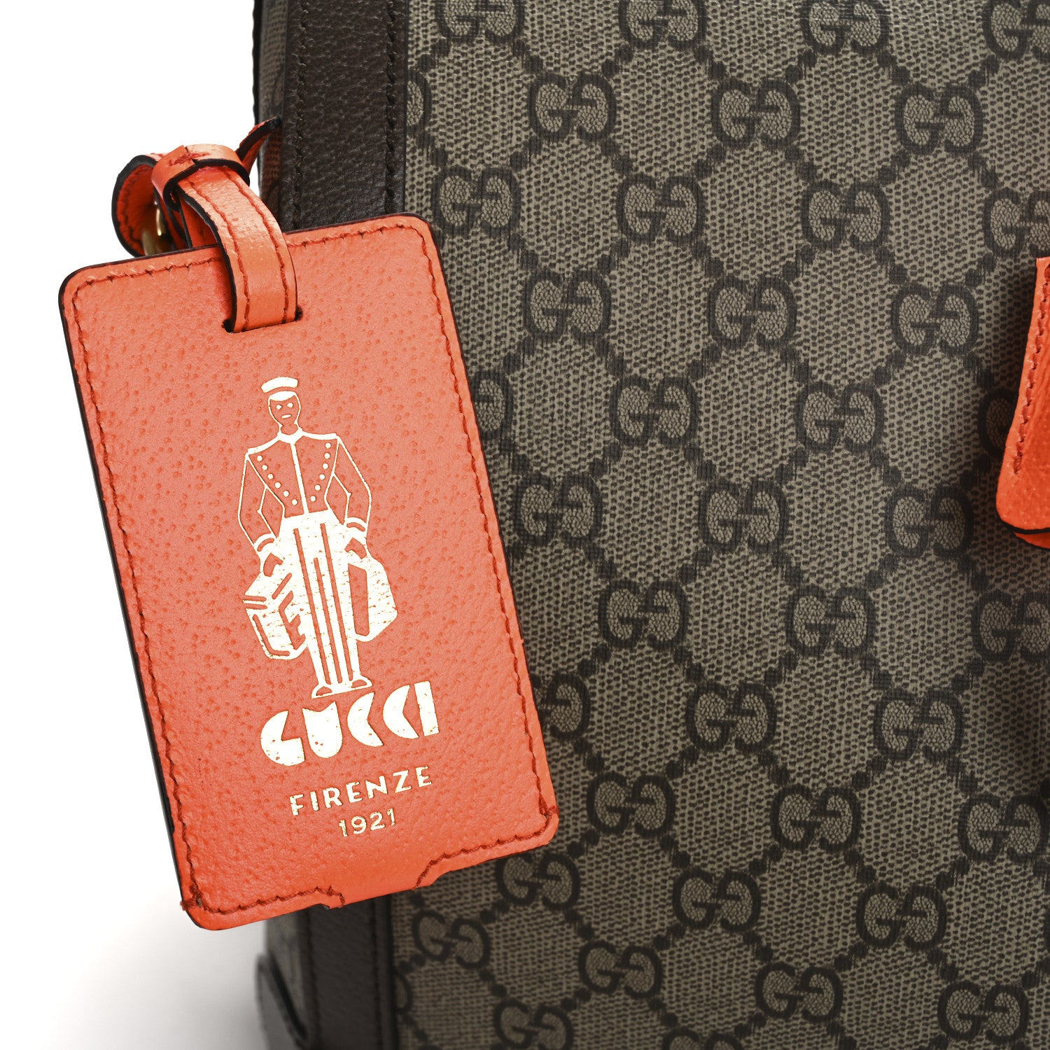 Gucci GG Supreme Monogram Textured Dollar Calfskin Web Medium Savoy Duffle Bag Beige Ebony Fluorescent Orange 16 of 16