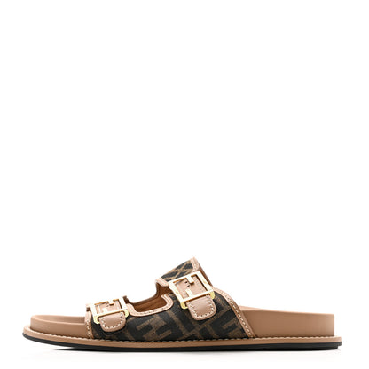 Fendi Fabric Jacquard Nappa FF Womens Fendi Feel Buckled Slide Sandals 40 Tobacco Black Miele Scuro 1 of 8