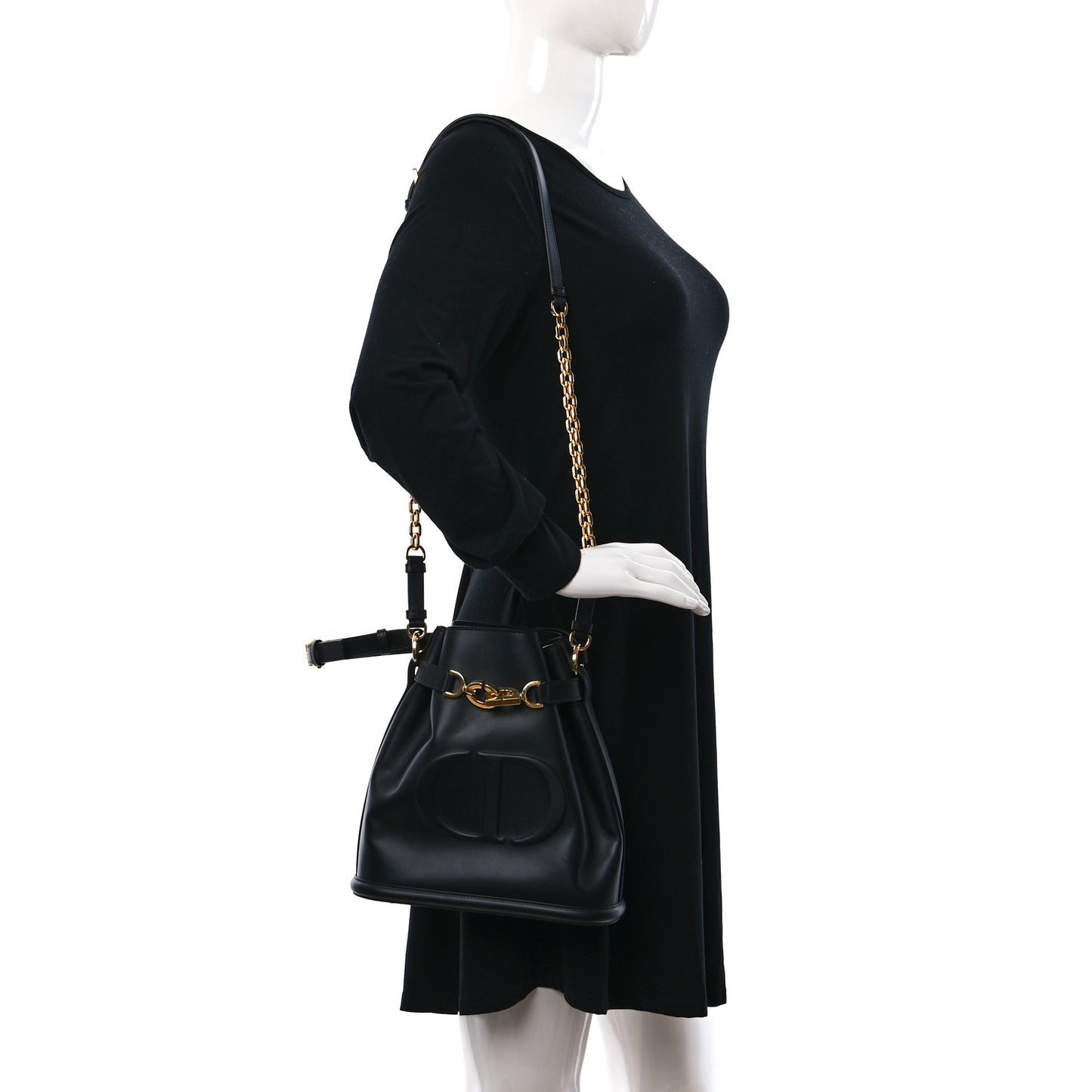 Calfskin CD Embossed Medium C'est Chain Bucket Bag Black