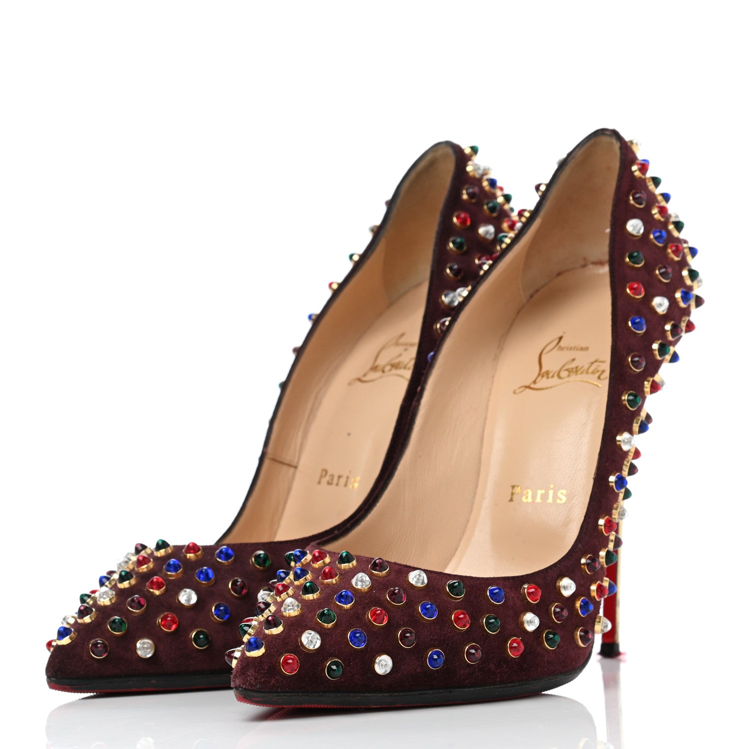 Christian Louboutin Veau Velours Specchio Follies Cabo 100 Pumps 39 Lie De Vin Multi Gold 3 of 11