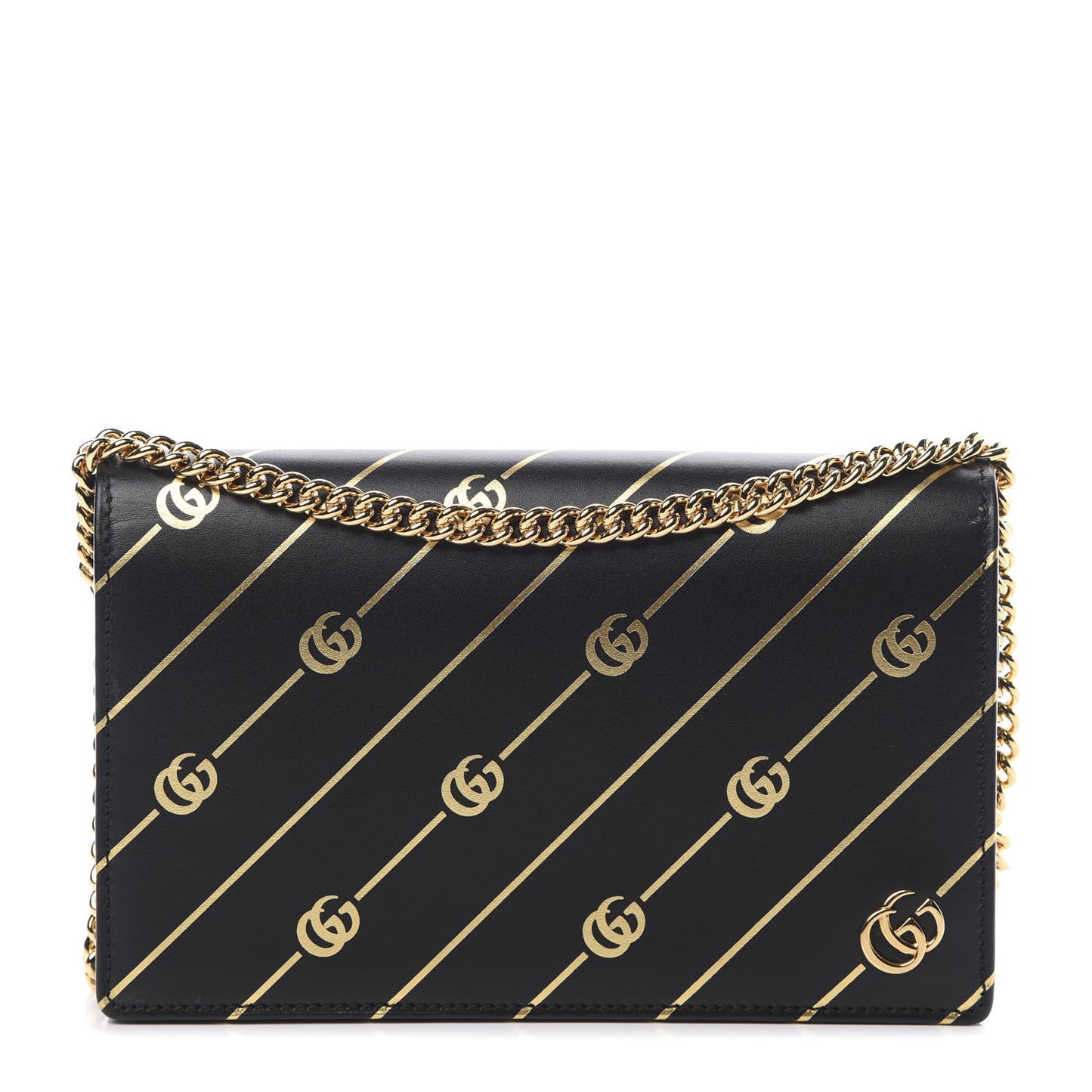 Calfskin Diagonal GG Mini Chain Wallet Black Gold
