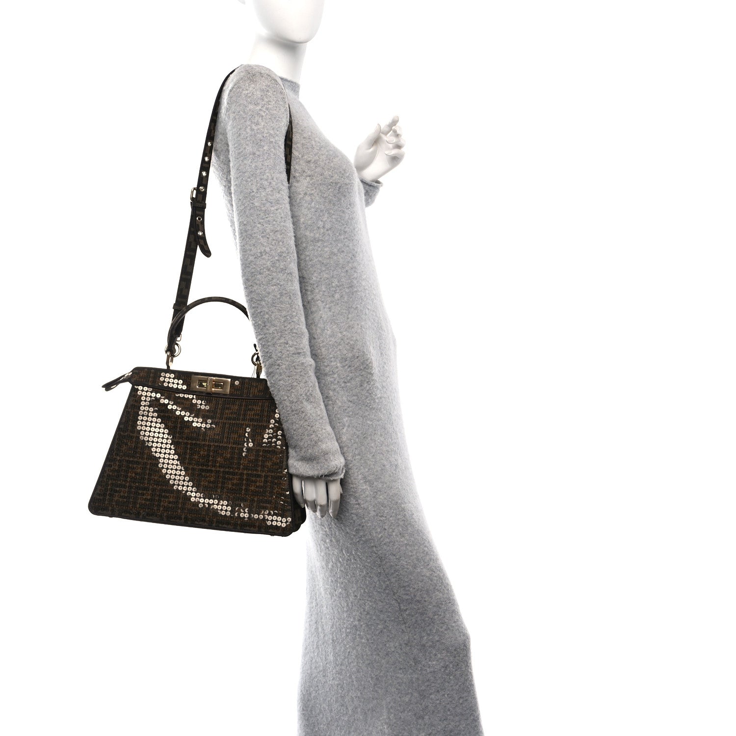 Fendi Fabric Jacquard Paillettes Vitello Seta FF 1974 Medium Peekaboo I SEE U Satchel Tobacco Moro 2 of 9