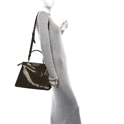 Fendi Fabric Jacquard Paillettes Vitello Seta FF 1974 Medium Peekaboo I SEE U Satchel Tobacco Moro 2 of 9