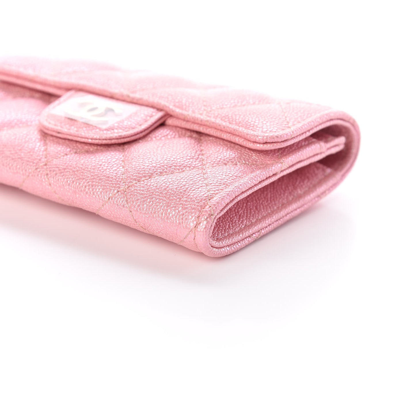 Iridescent Caviar Quilted Flap Card Holder Rose Pink