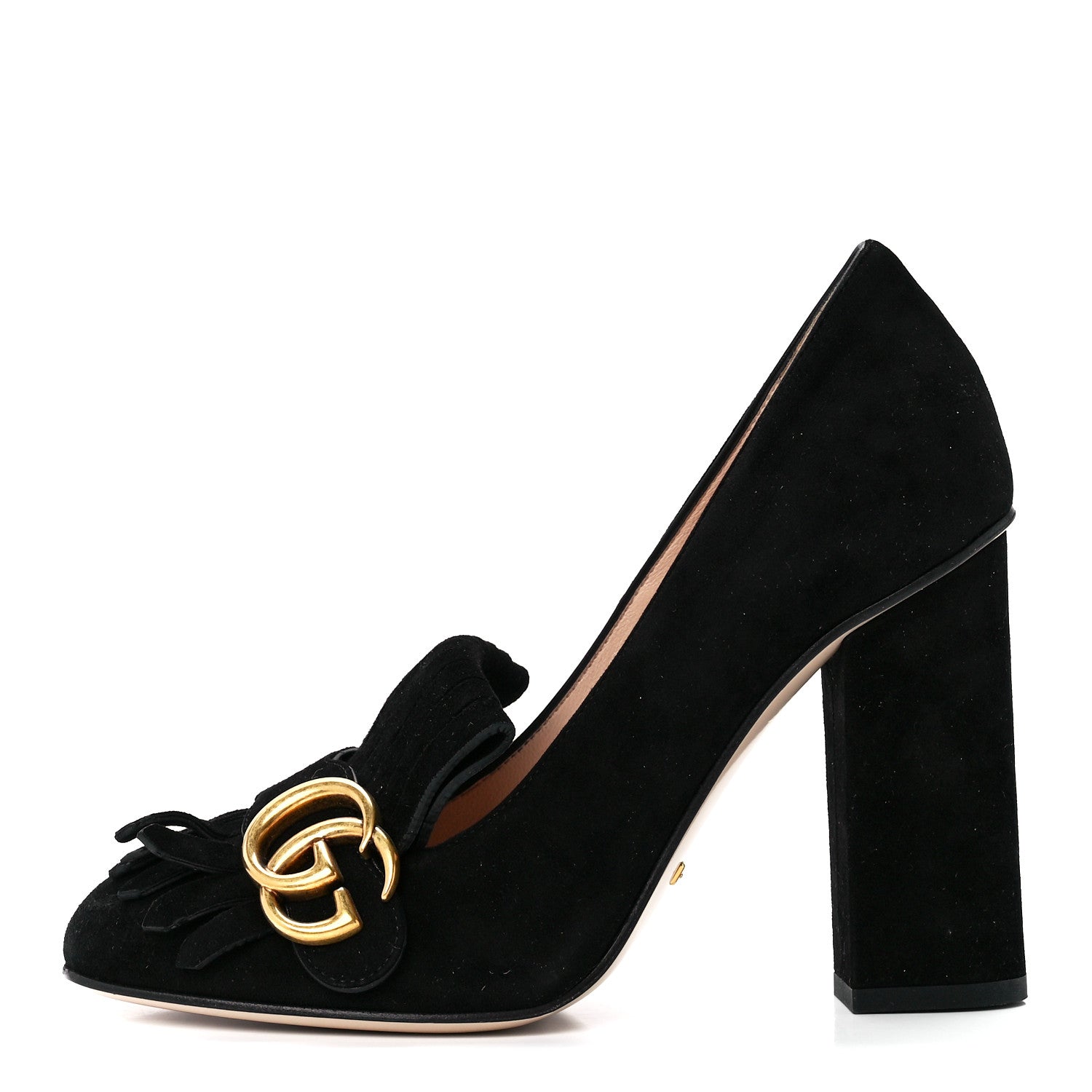 Gucci Kid Scamosciato GG Marmont Fringe 105mm Loafer Pumps 37.5 Black 1 of 8