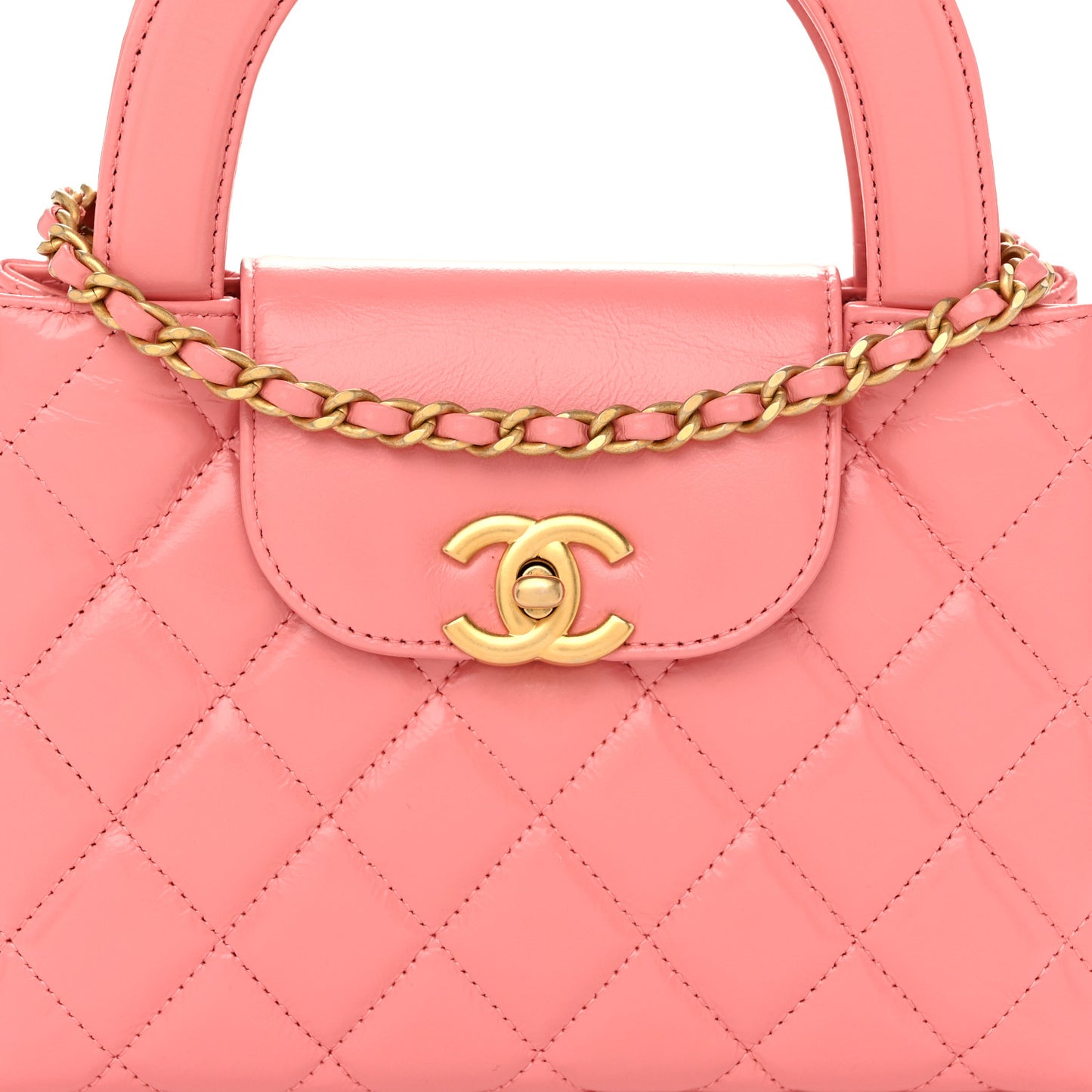 Shiny Aged Calfskin Quilted Nano Kelly Shopper Coral Pink