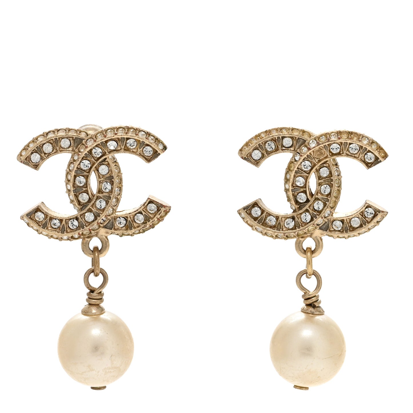 Crystal Pearl CC Drop Earrings Gold