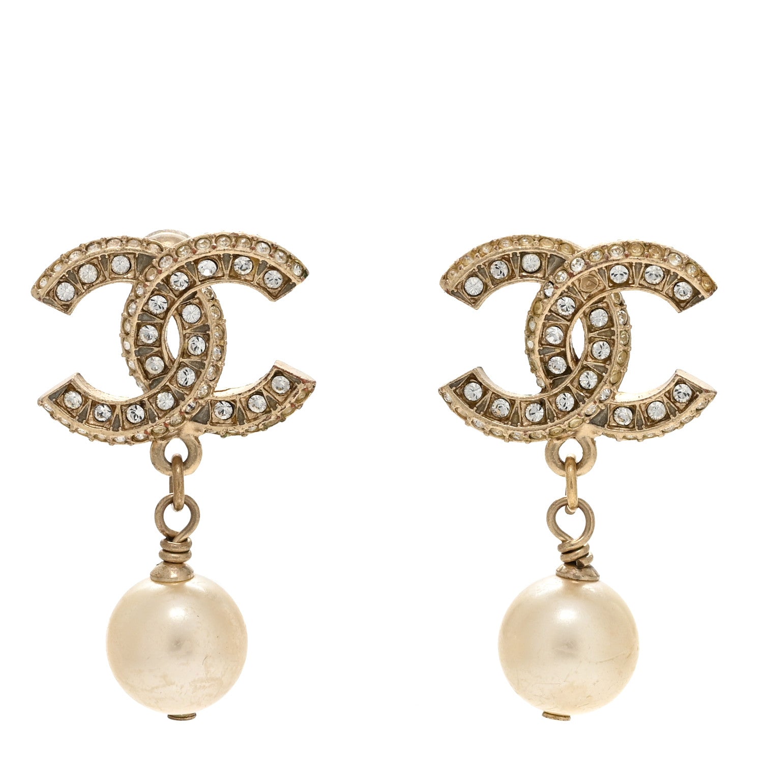 Chanel Crystal Pearl CC Drop Earrings Gold 1 of 4