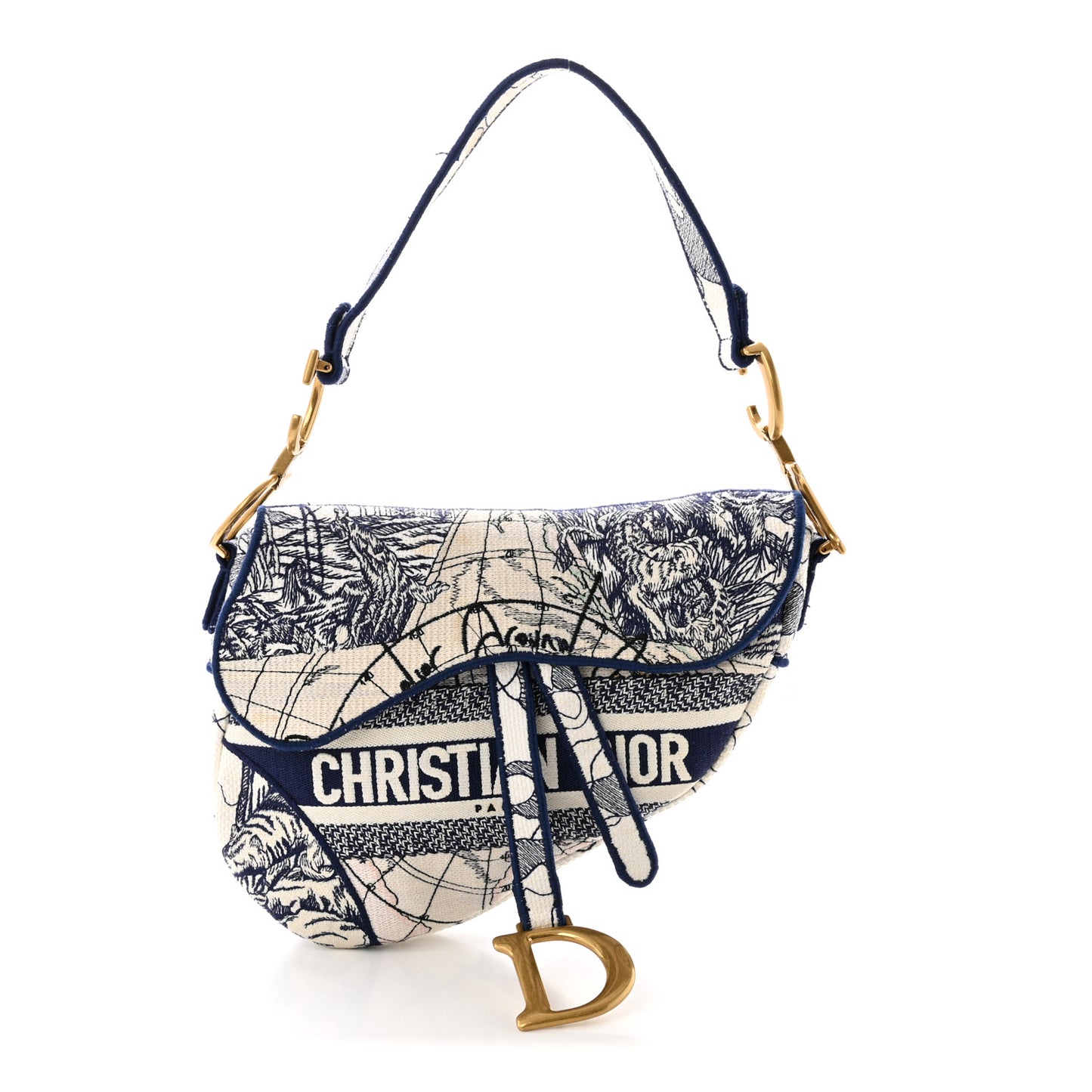 Canvas Embroidered Around the World Saddle Bag Blue
