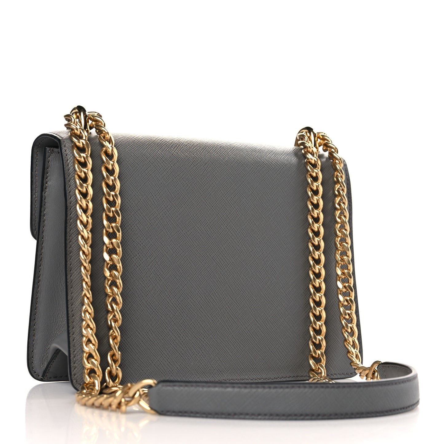 Saffiano Soft Calfskin Metal Triangle Logo Envelope Chain Shoulder Bag Marmo