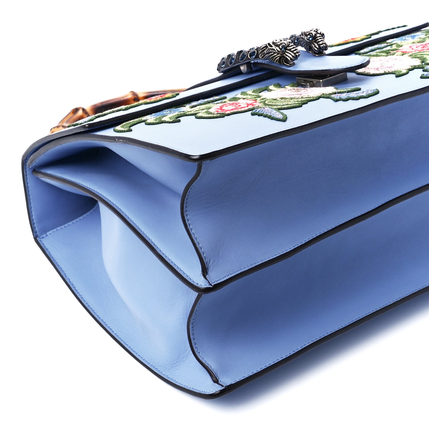 Moon Calfskin Crystal Web Embroidered Large Dionysus Bamboo Top Handle Bag Clear Sky Blue Multicolor