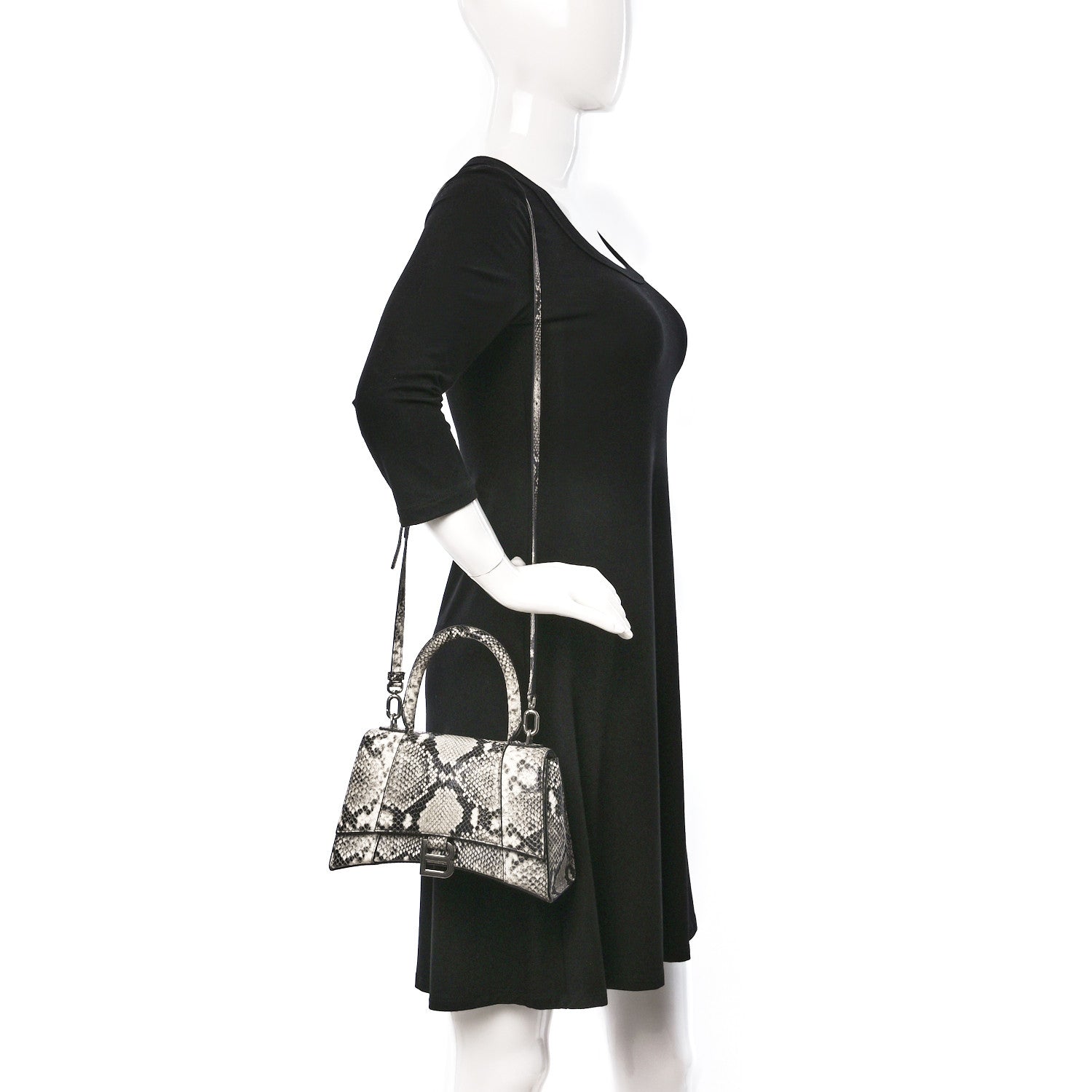 Balenciaga Calfskin Snake Effect Small Hourglass Top Handle Bag Black White 2 of 13