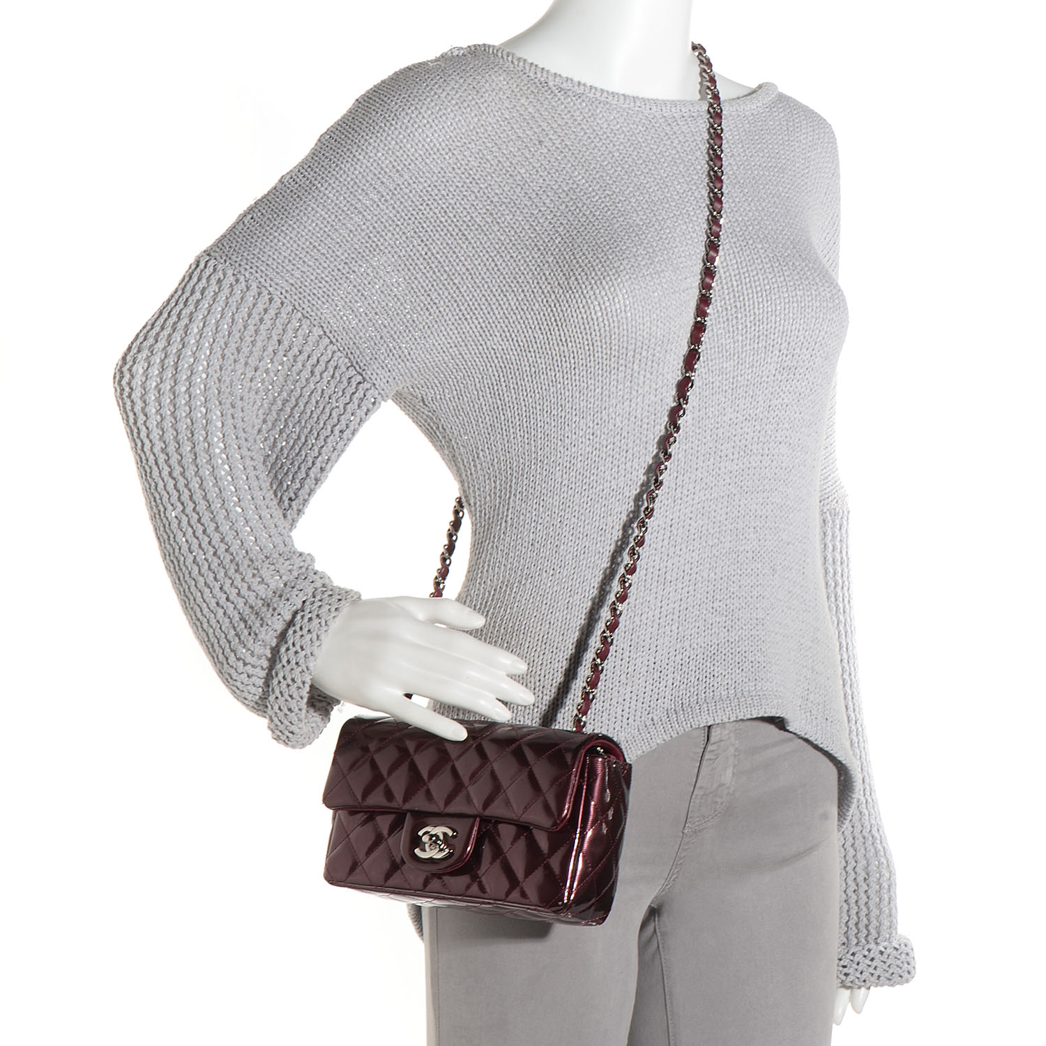 Chanel Striated Patent Quilted Mini Rectangular Flap Burgundy 2 of 10