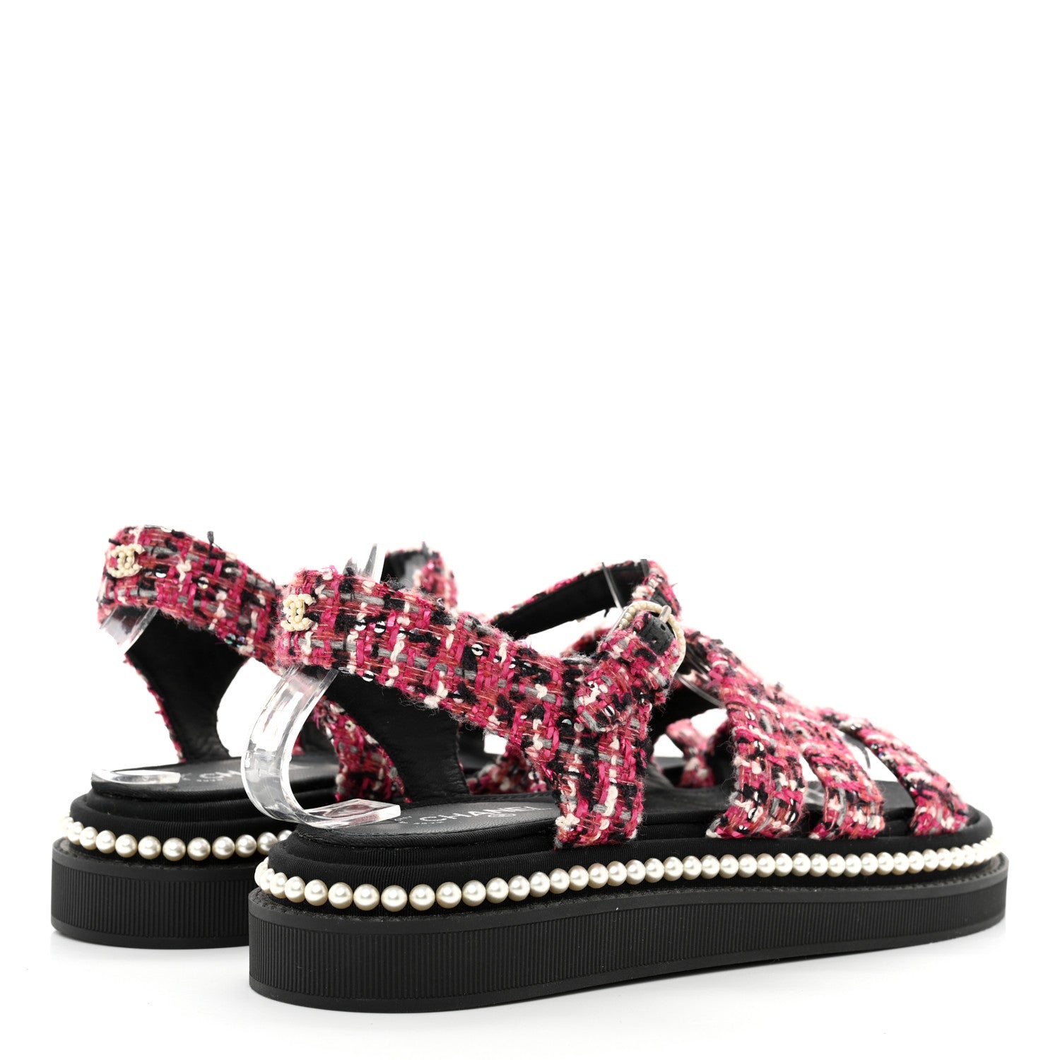 Chanel Tweed Pearl Flat Sandals 37.5 Red Black 4 of 10
