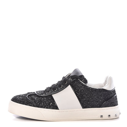 Valentino Garavani Calfskin Glitter Flycrew Sneakers 36.5 Black 1 of 13