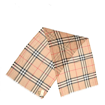 Burberry Wool Silk Giant Check Lightweight Scarf Camel 2 of 3