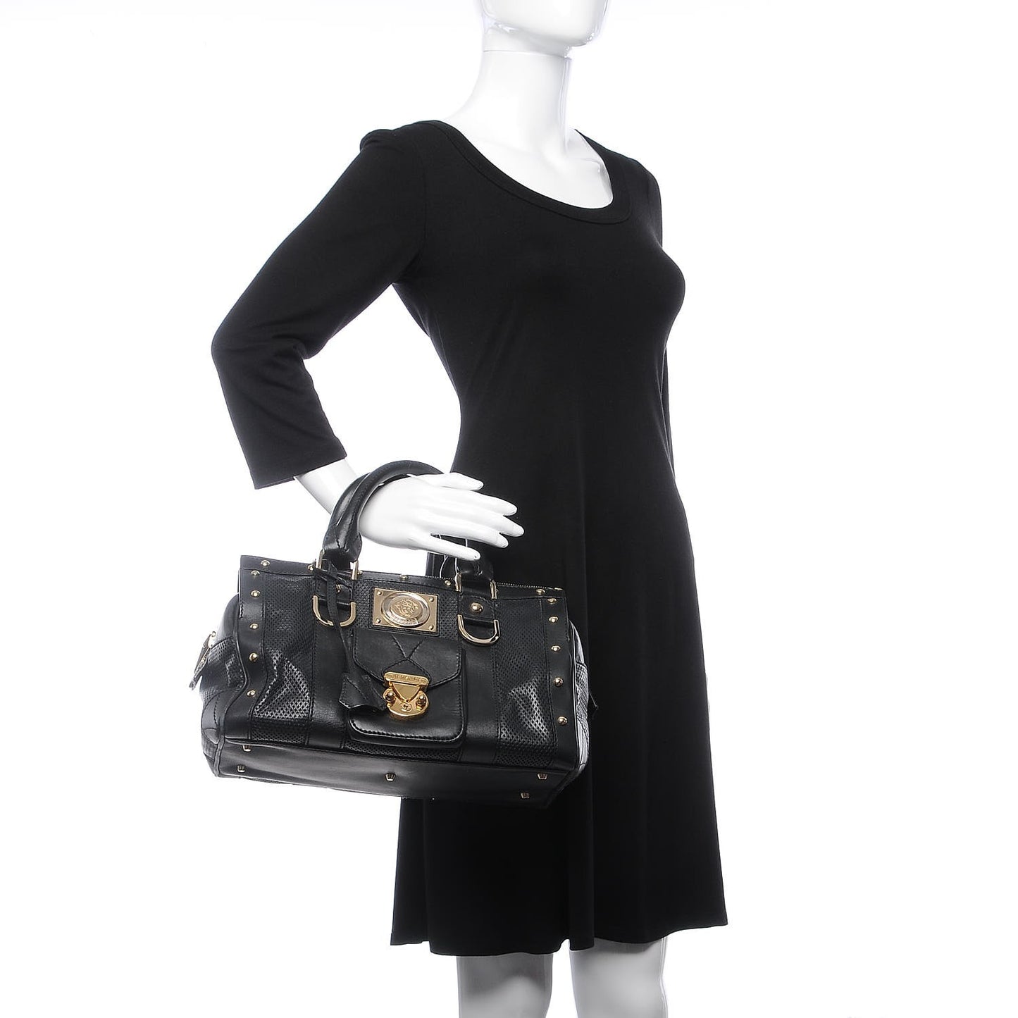 Perforated Calfskin Madonna Satchel Black