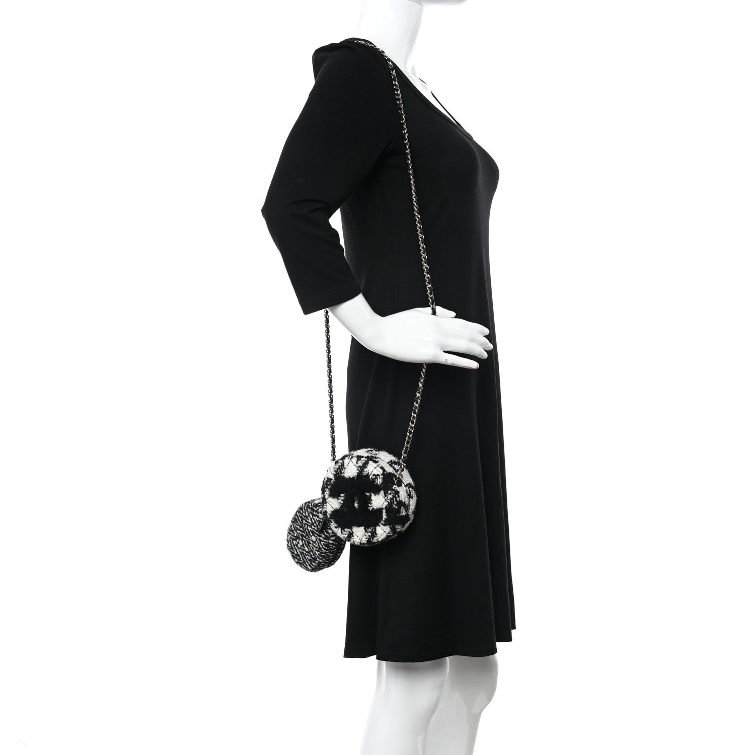 Chanel Tweed Shearling Round Clutch With Chain and Coin Purse Black and White 2 of 19