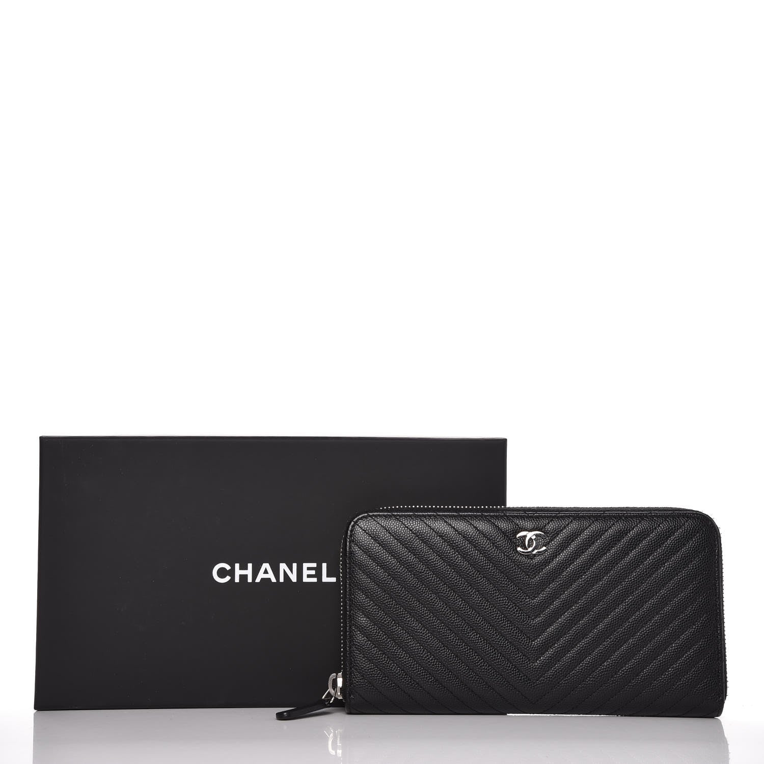 Chanel Caviar Chevron Quilted Large Gusset Zip Around Wallet Black 9 of 9