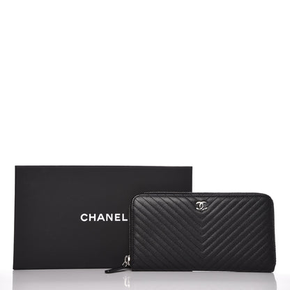 Chanel Caviar Chevron Quilted Large Gusset Zip Around Wallet Black 9 of 9