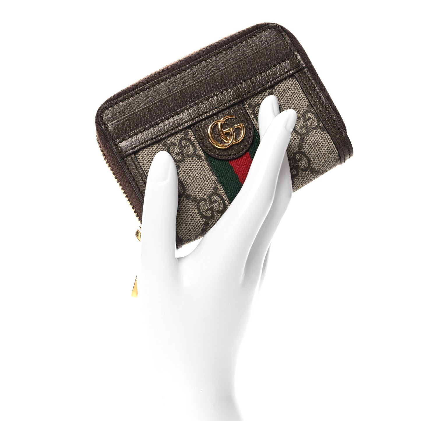 GG Supreme Monogram Textured Dollar Calfskin Web Ophidia Zip Around Card Case Wallet Beige Ebony New Acero