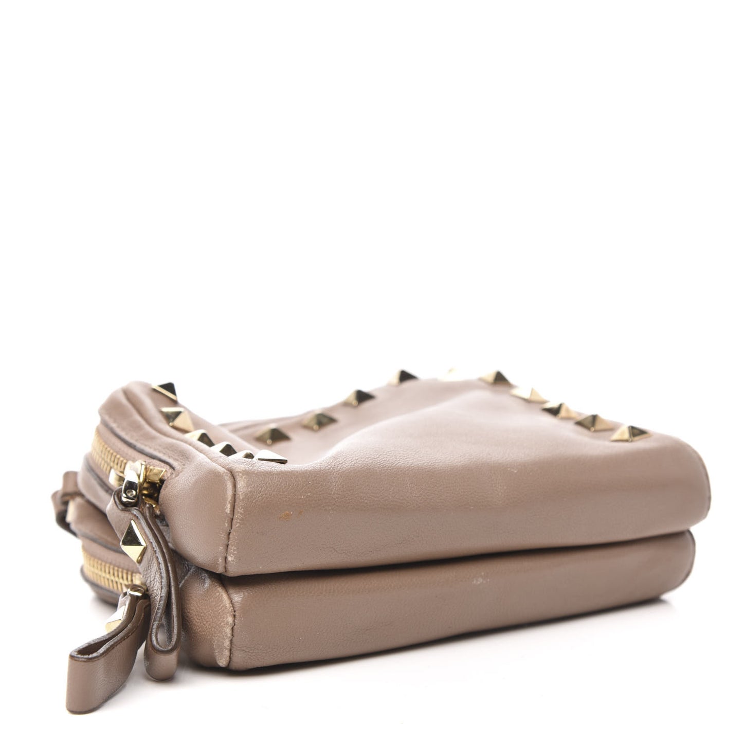 Vitello Rockstud Double Zip Compartment Clutch Wristlet Bag Poudre
