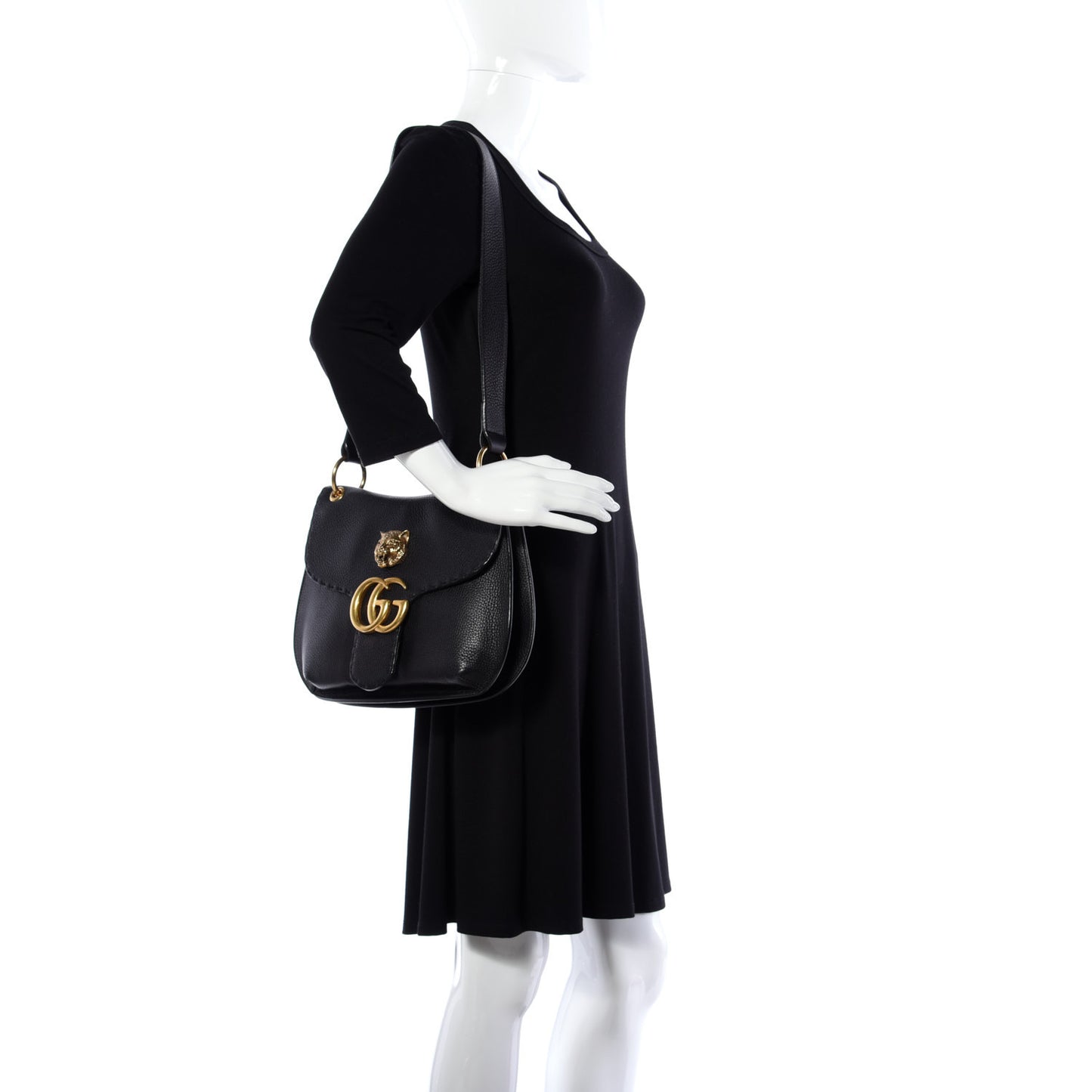 Cellarius Calfskin Feline GG Marmont Flap Shoulder Bag Black