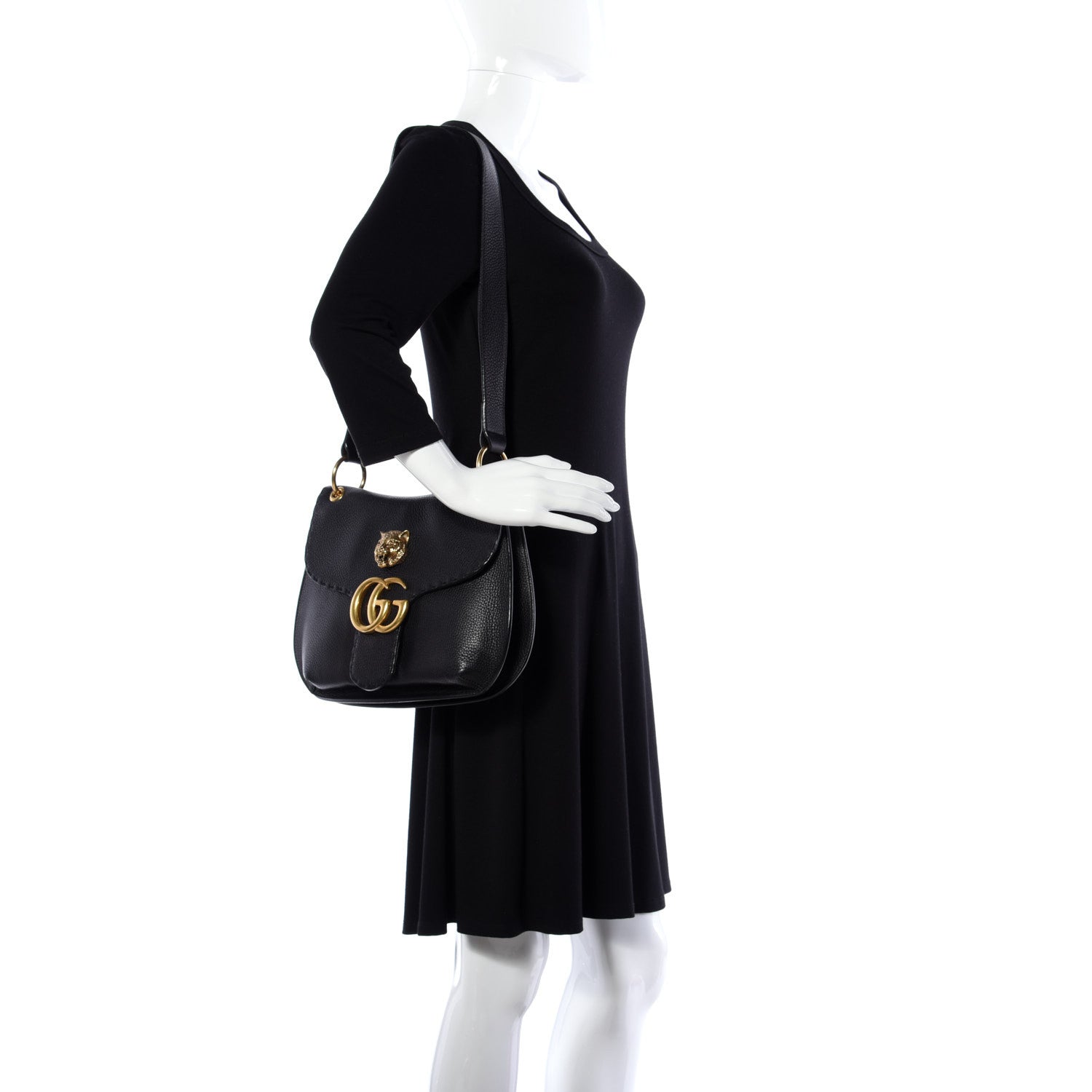 Gucci Cellarius Calfskin Feline GG Marmont Flap Shoulder Bag Black 2 of 17