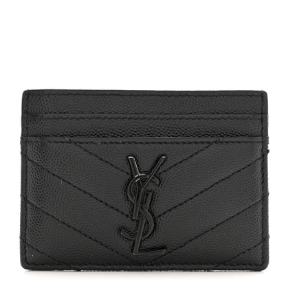 Saint Laurent Grain De Poudre Matelasse Chevron Monochrome Monogram Credit Card Case Black 1 of 9