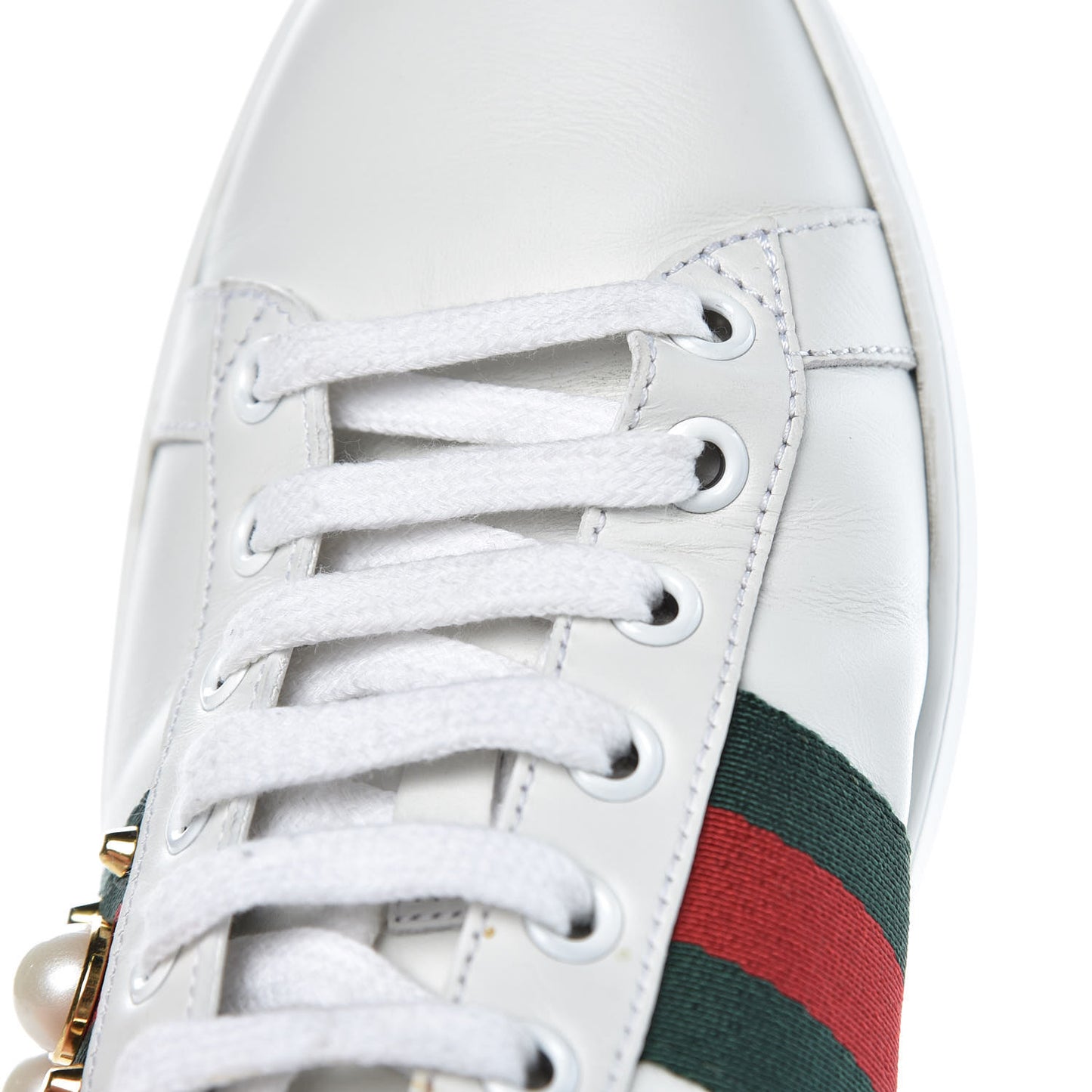 Calfskin Web Pearl Studded Womens Ace Sneakers 37.5 White