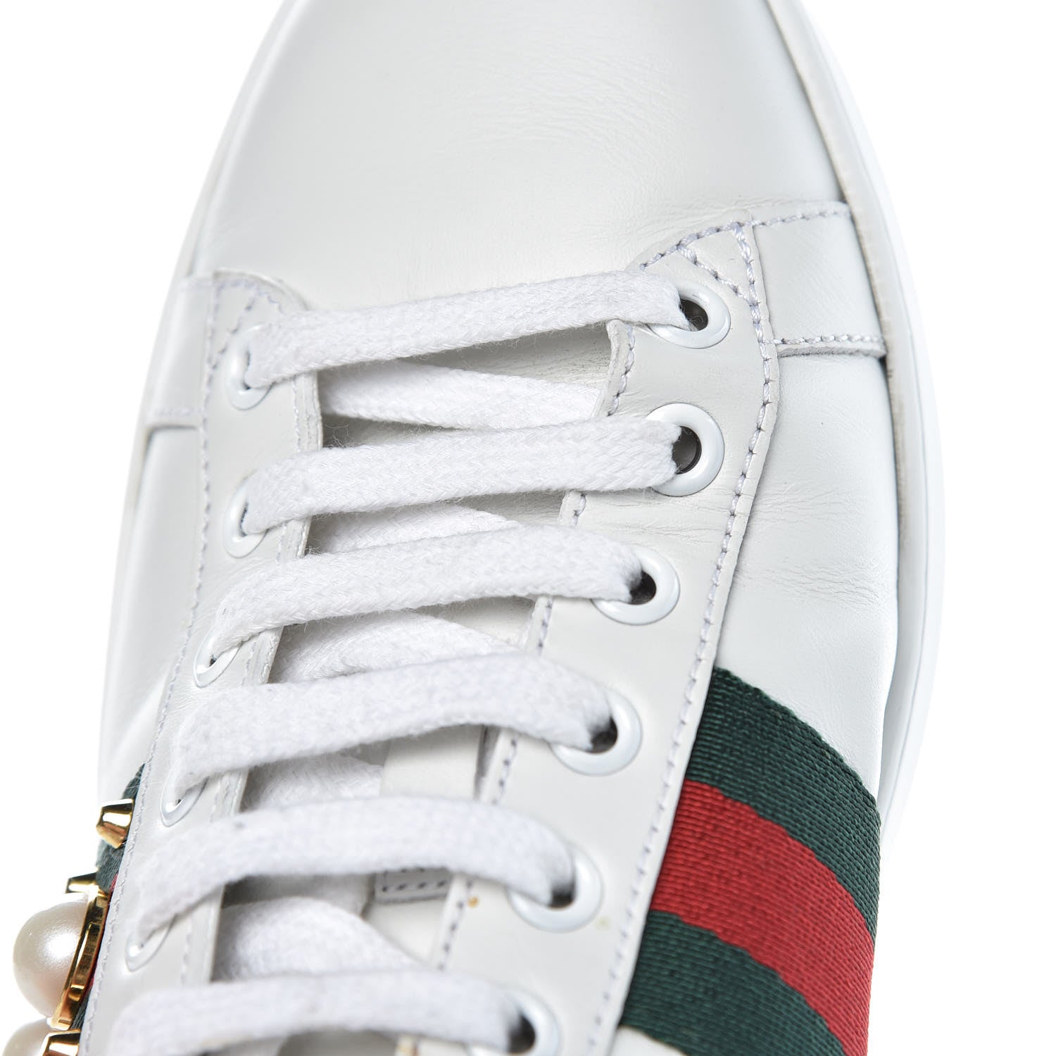 Gucci Calfskin Web Pearl Studded Womens Ace Sneakers 37.5 White 9 of 12