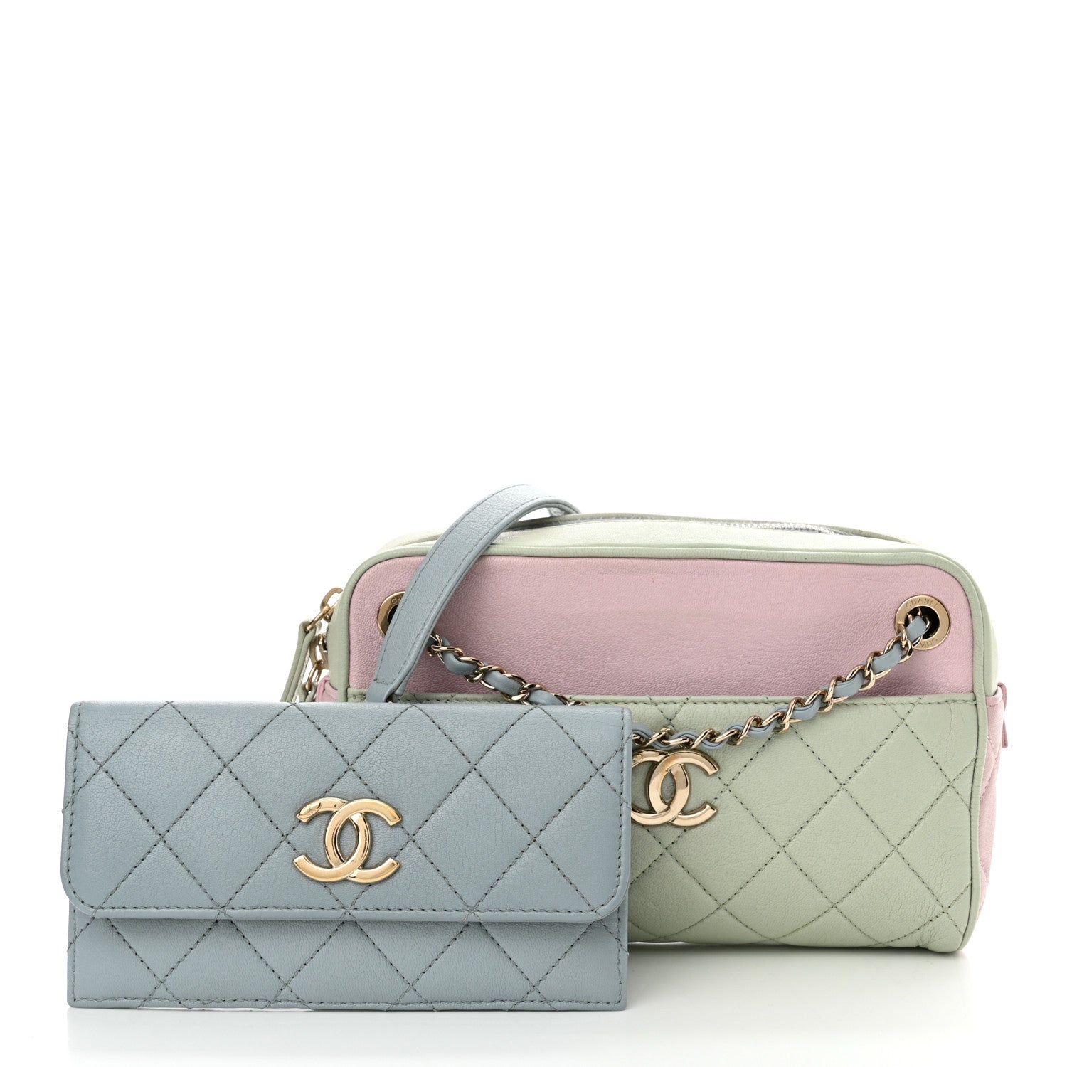 Chanel Goatskin Quilted Tri-Color Small In & Out Camera Case Green Blue Pink 3 of 12