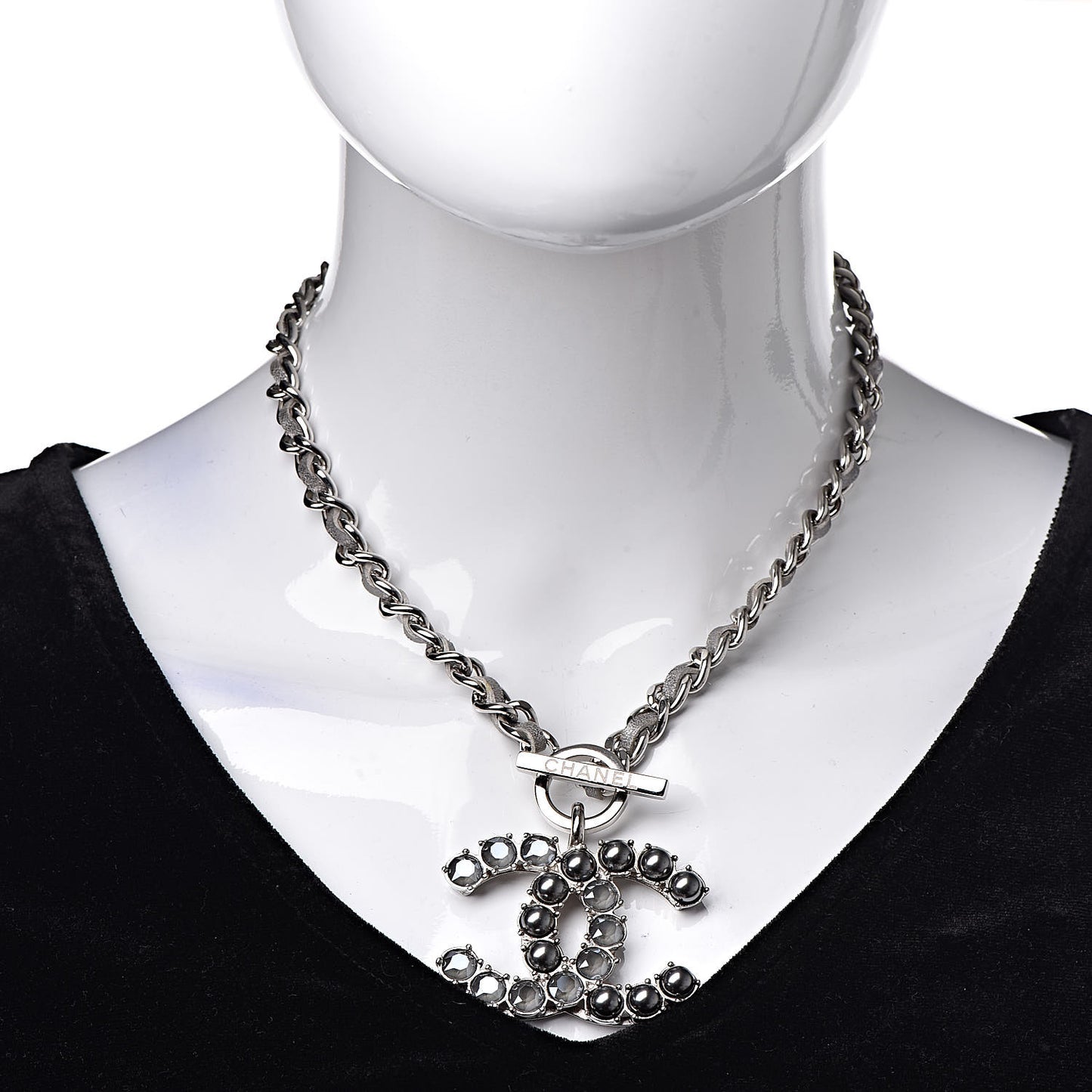 Crystal Beads Lambskin CC Short Necklace Silver