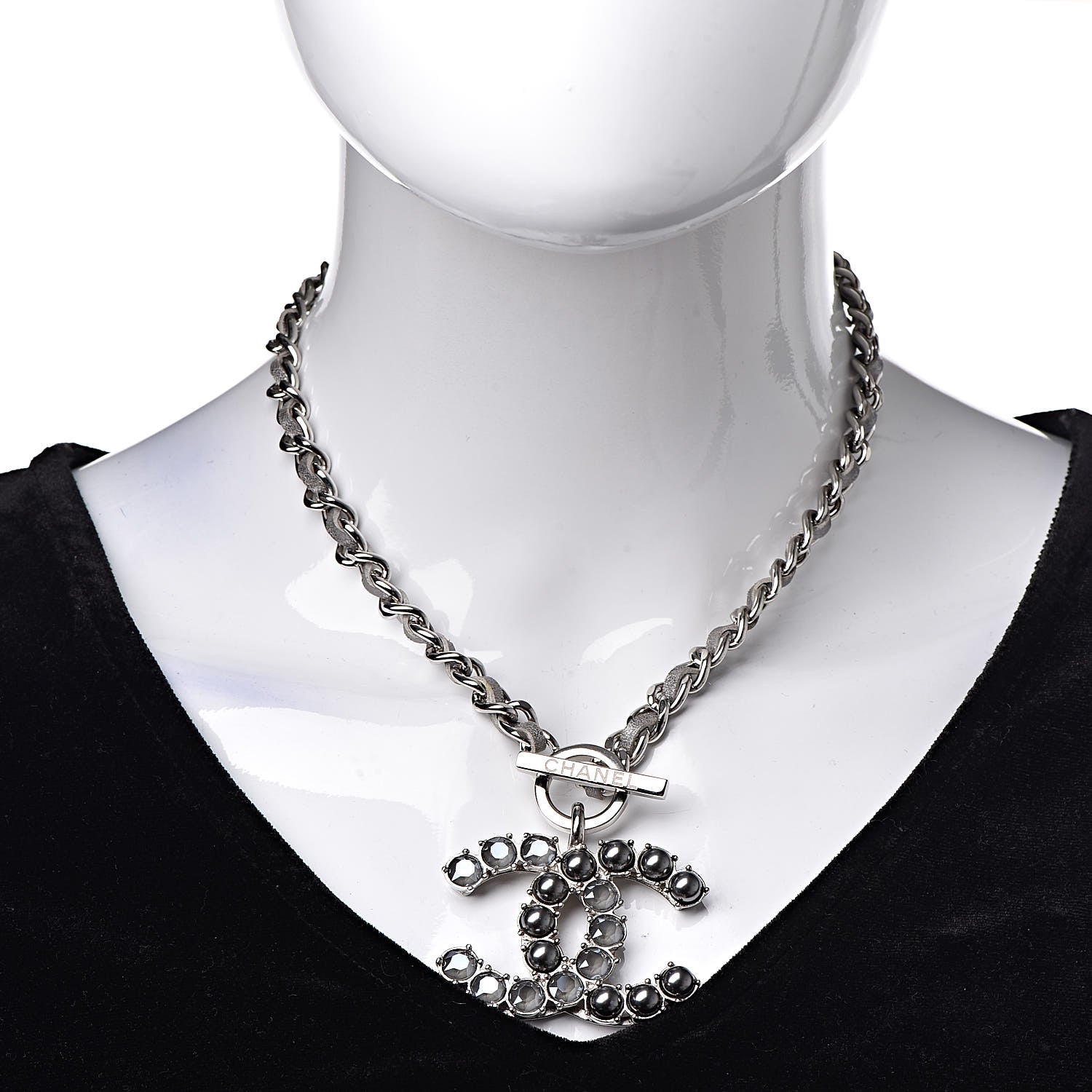 Chanel Crystal Beads Lambskin CC Short Necklace Silver 2 of 4