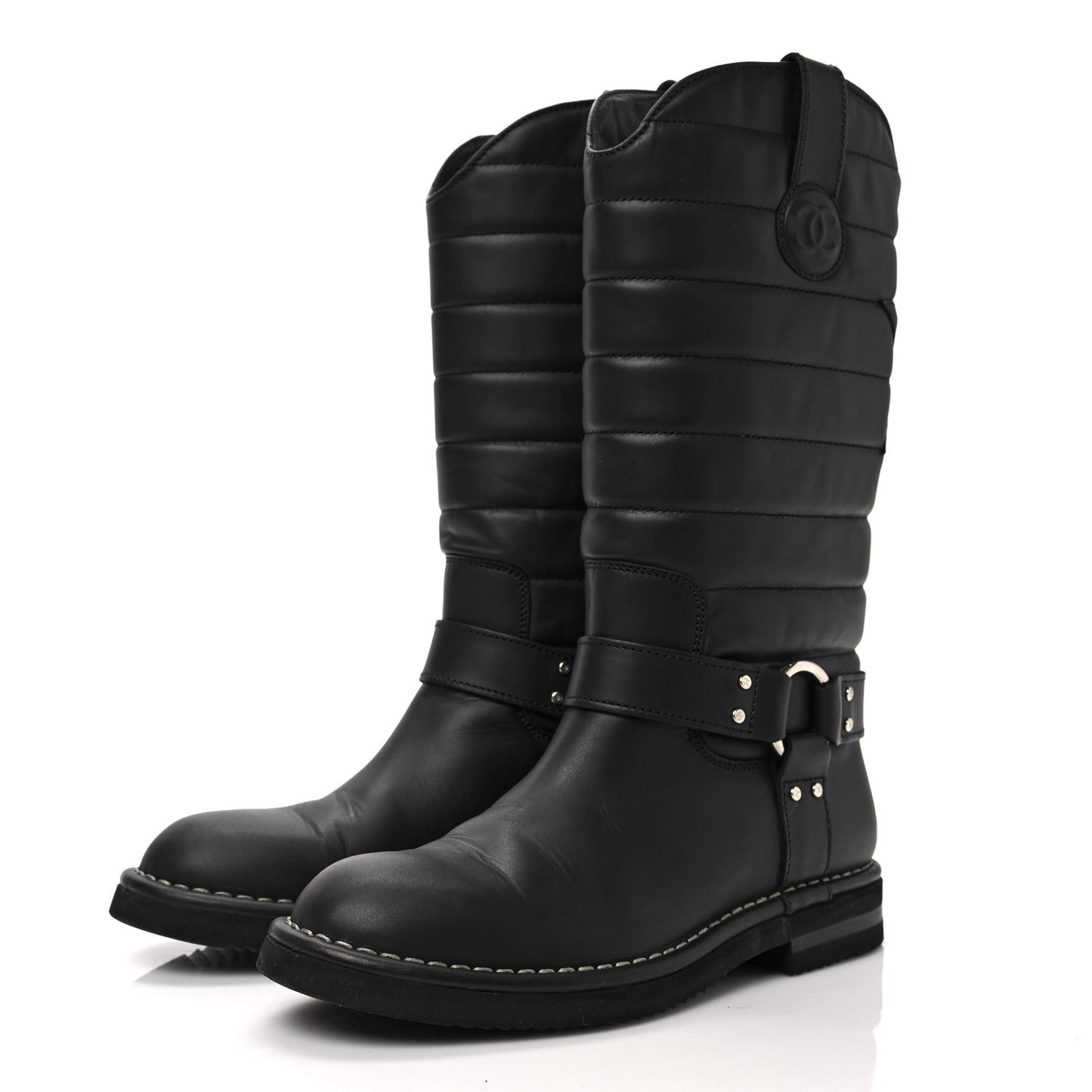 Oily Calfskin Star Quilted Biker Boots 36.5 Black