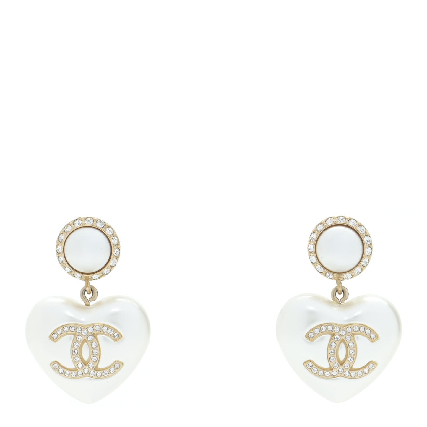 Pearl Crystal CC Heart Drop Earrings Gold