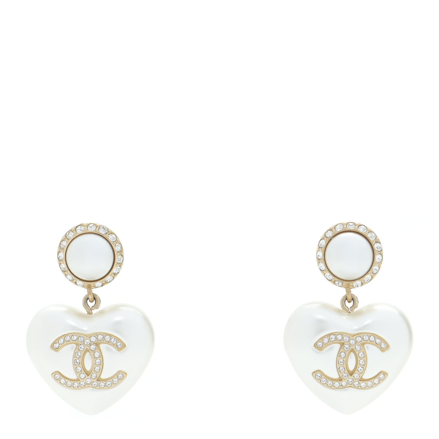 Chanel Pearl Crystal CC Heart Drop Earrings Gold 1 of 6