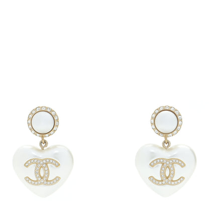 Chanel Pearl Crystal CC Heart Drop Earrings Gold 1 of 6