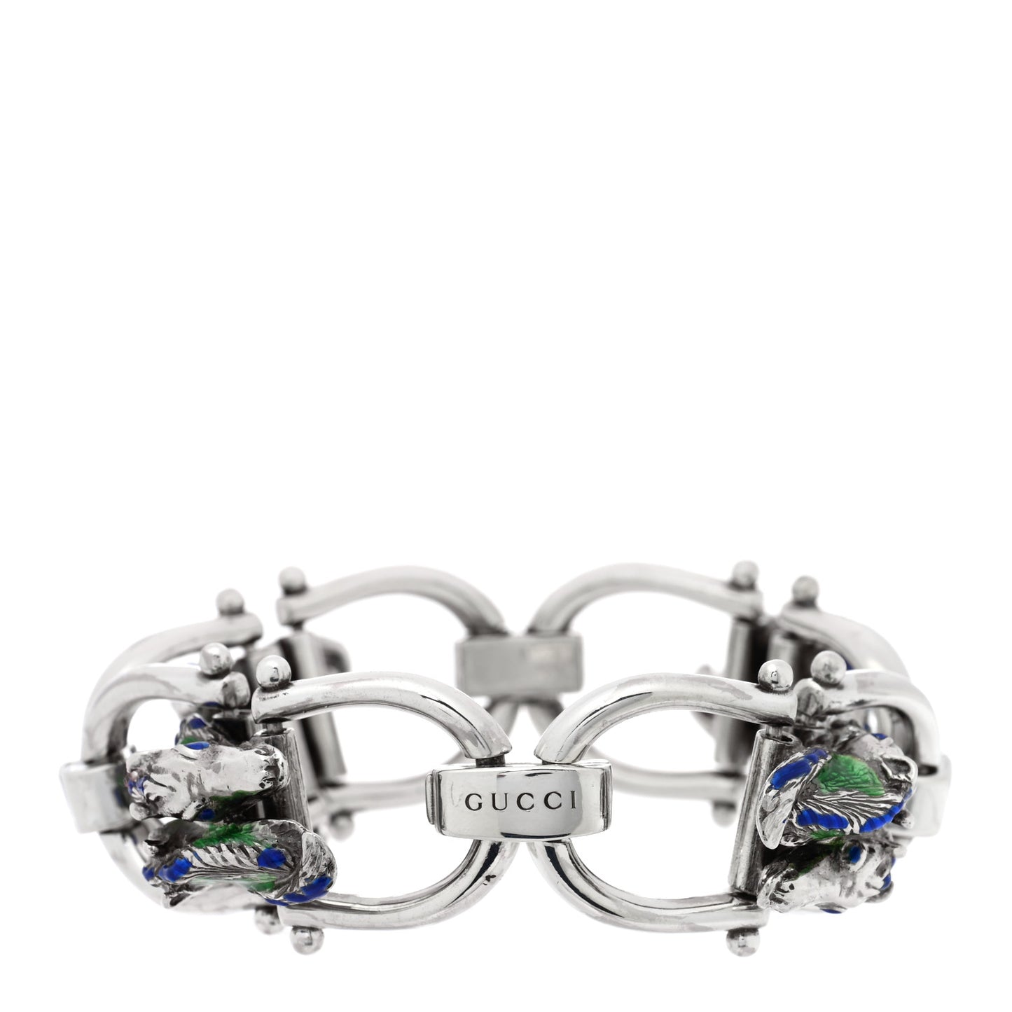 Sterling Silver Enamel Horse Head Link Chain Bracelet Blue Green