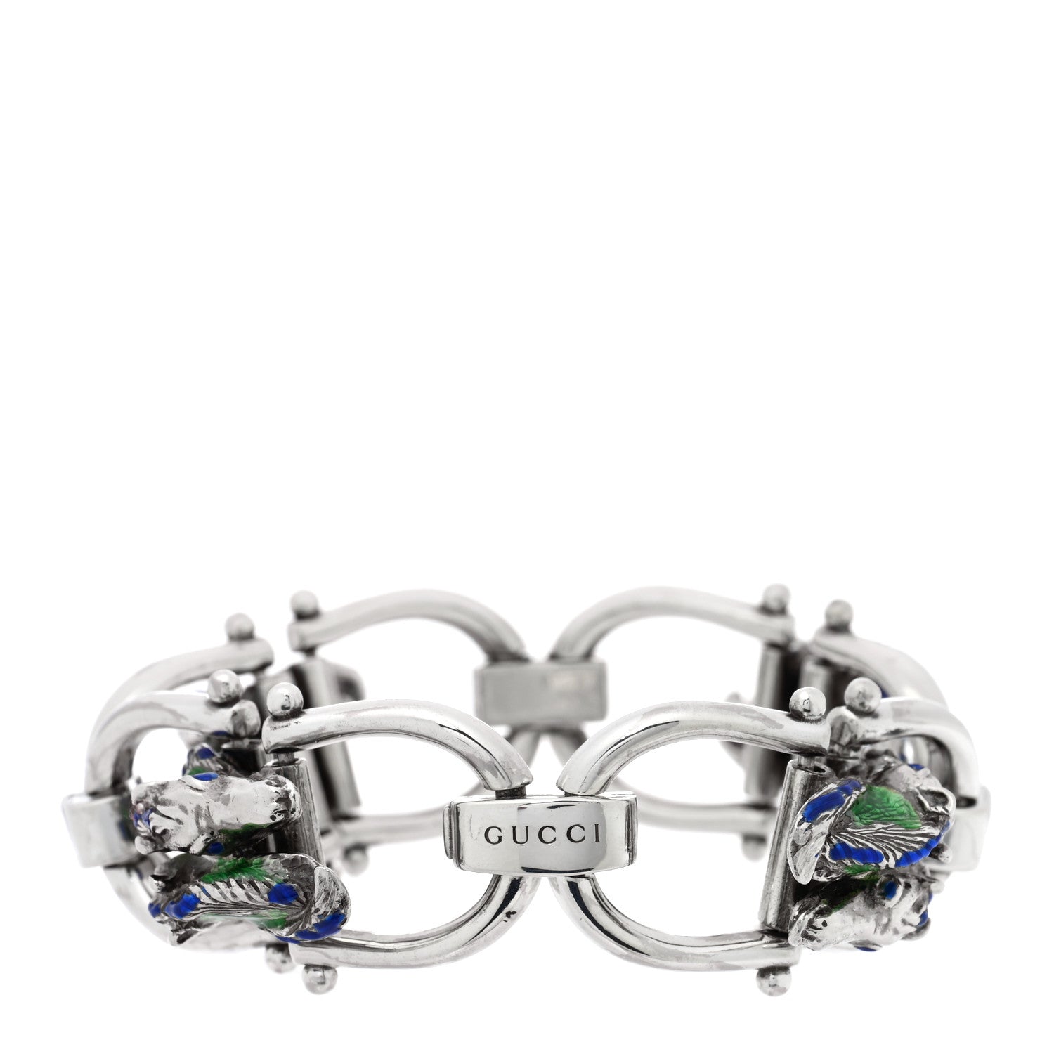 Gucci Sterling Silver Enamel Horse Head Link Chain Bracelet Blue Green 2 of 4