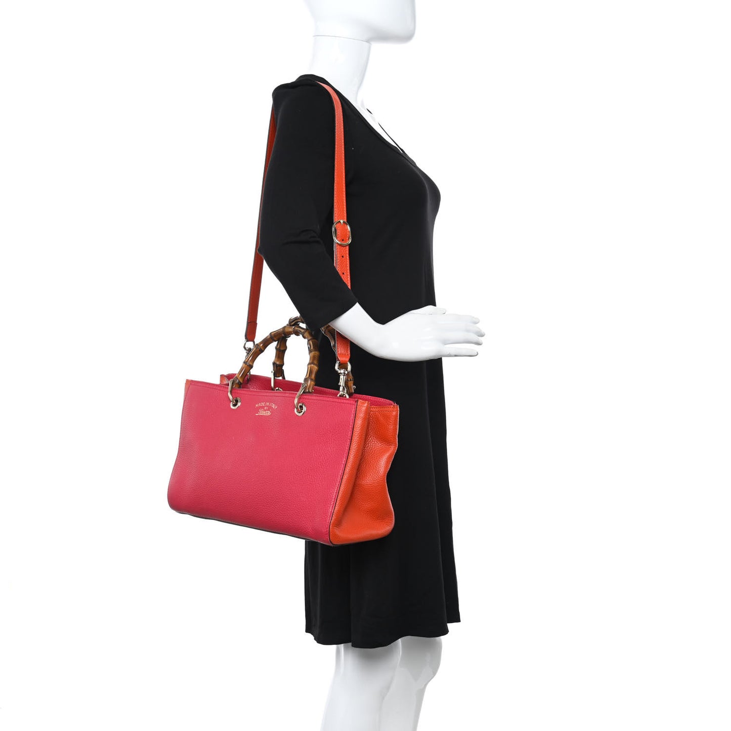 Pebbled Calfskin Bi-Color Medium Bamboo Shopper Tote Fuchsia Orange