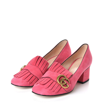 Gucci Kid Scamosciato GG Marmont Fringe 50mm Loafer Pumps 35 Hot Pink 2 of 11